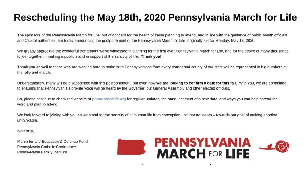 Rescheduling the May 18, 2020 Pennsylvania March for Life