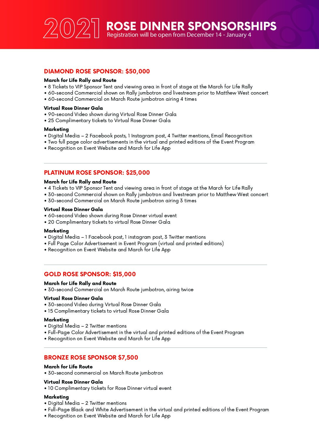 Rose Dinner Sponsorship March for Life